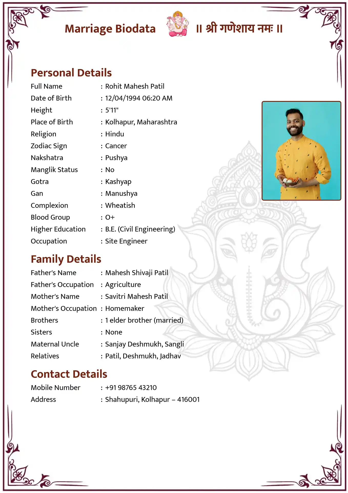 Marriage biodata template design 1: Ganesha Traditional