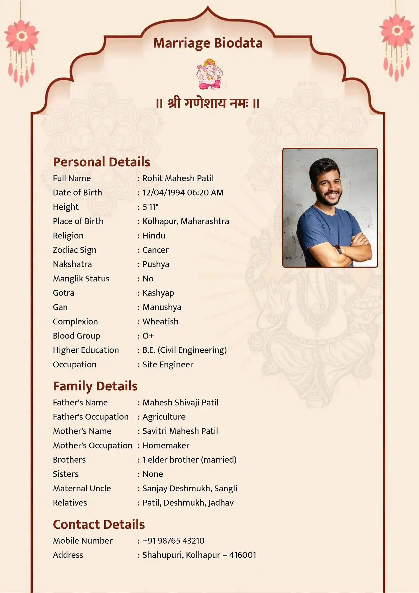 Marriage biodata template design 6: Temple Gold